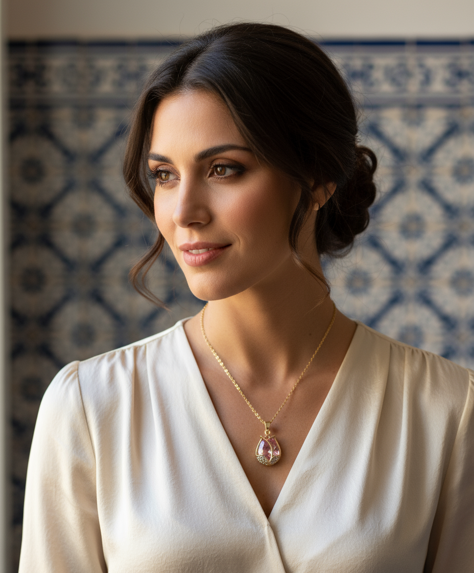 Colar de Senhora Tulip – Luxo e Brilho com Pendente em Flor de Tulipa em Aço Titânio e Cristais